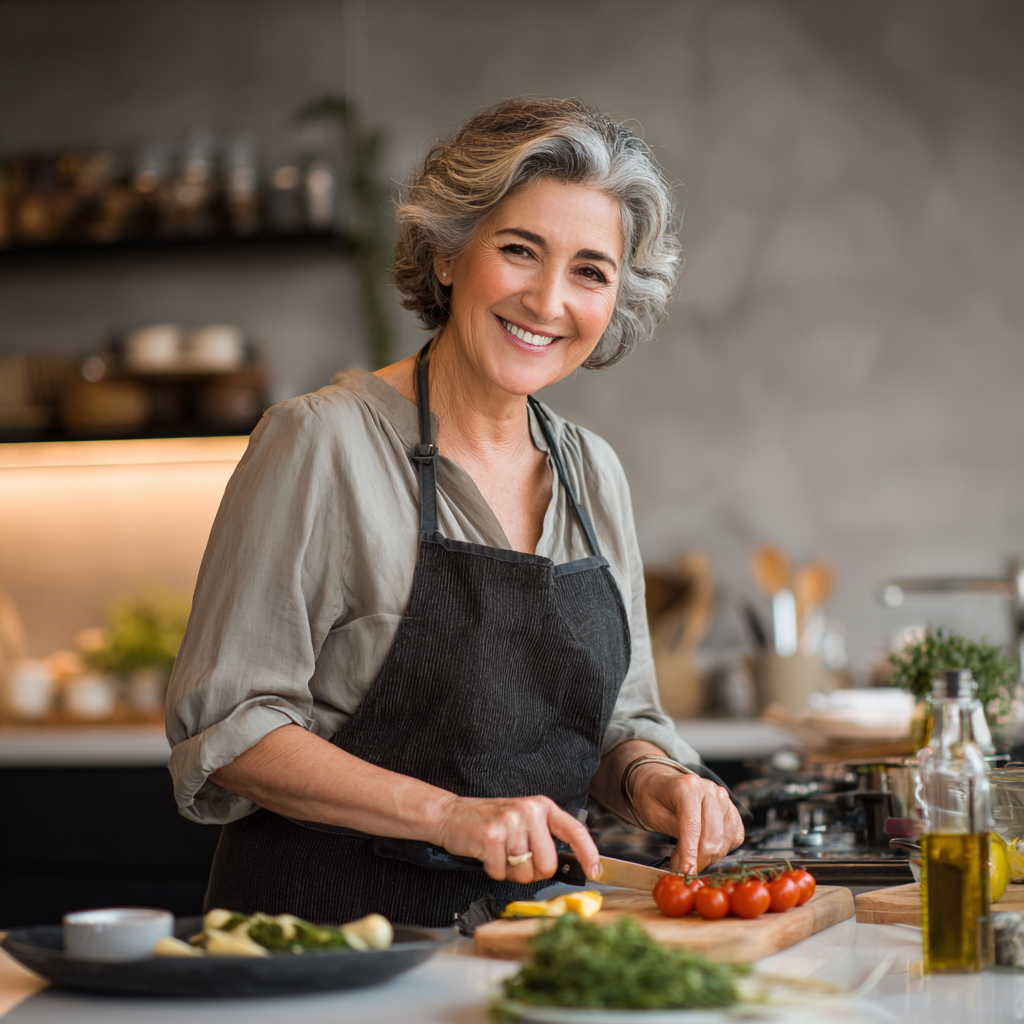 Happy Romanian family preparing a nutritious meal together in a bright, modern kitchen